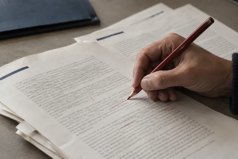 Metin düzenlemeleri yapılan kağıt sayfalar. Yapay zekâ ile üretilmiş editoryal görsel.